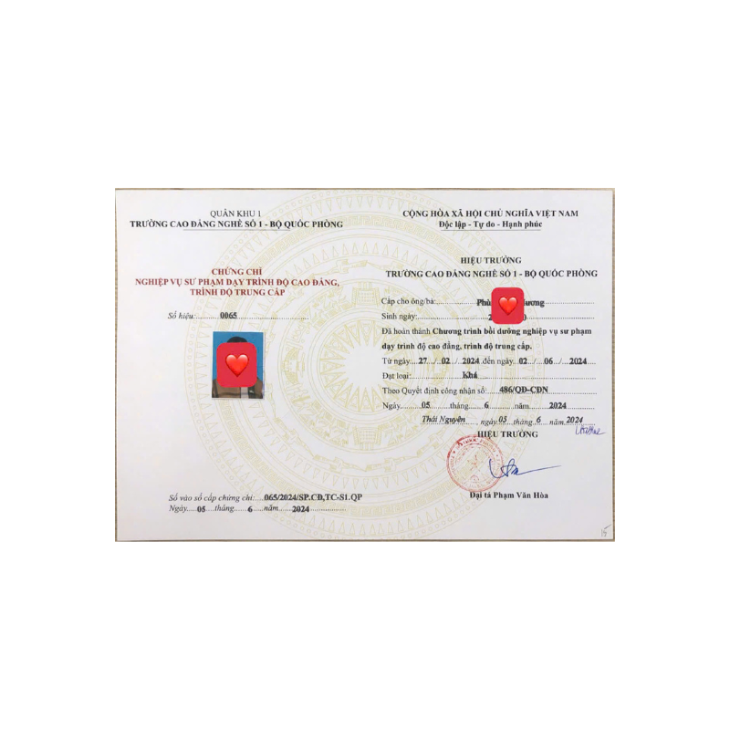 Mẫu chứng chỉ sư phạm dạy nghề