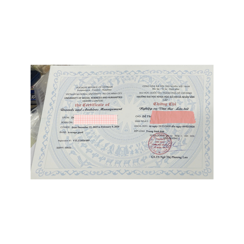 chứng chỉ nghiệp vụ văn thư lưu trữ